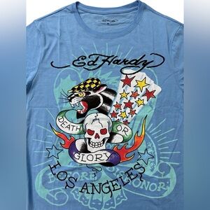 Ed Hardy Los Angeles Men’s Baby Blue Color T-Shirt Medium “Death Or Glory”‎